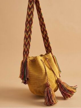 Handwoven Colombian Bag with Multicolor Chevron Strap Boho Tassels
